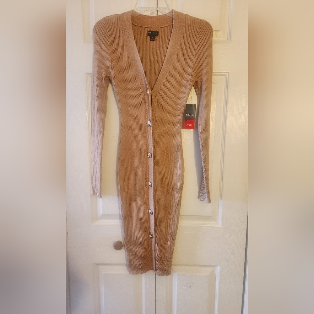 NWT Curvy Tan Ribbed Sweater Dress Bold Elements Small V Neck